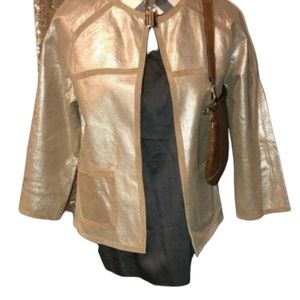 Gold Leather Metallic Jacket Blazer Chico's Size 0 S 3/4 Sleeve Classic